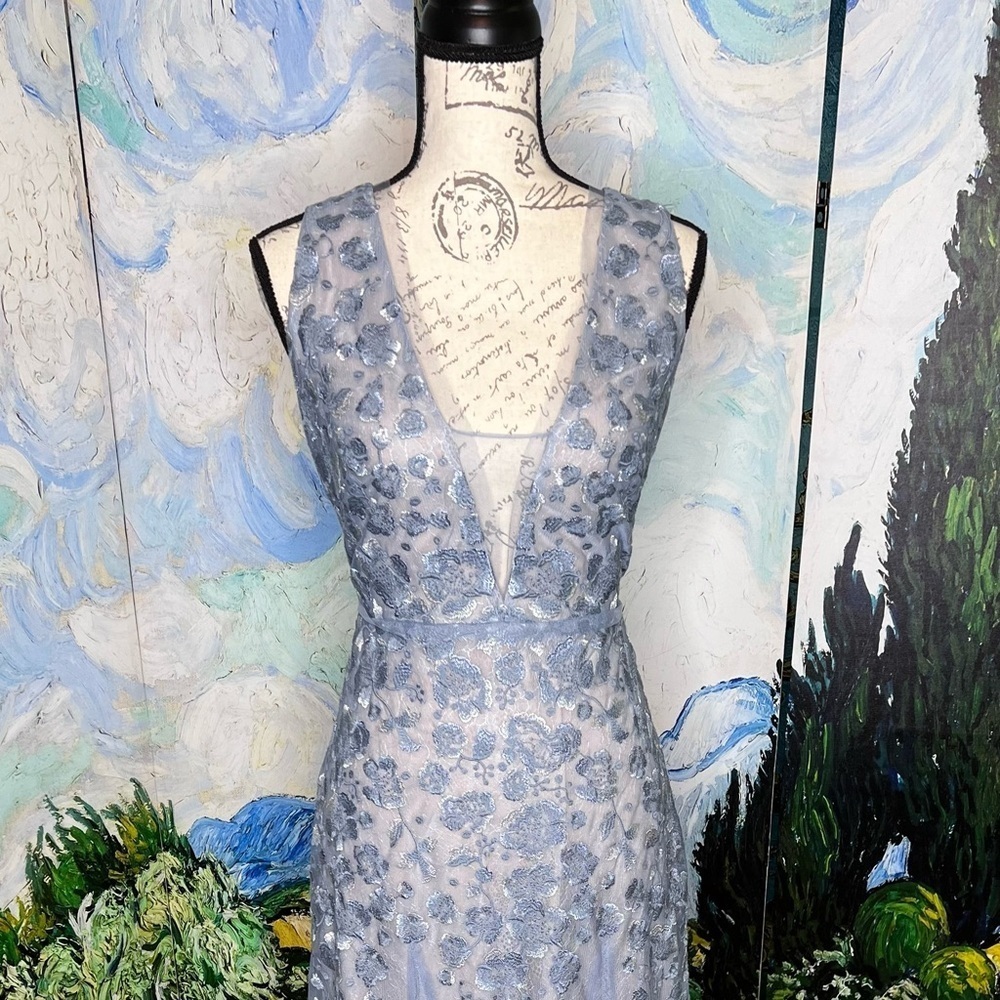 Whimsical, triple layered, violet/blue floral embellished, evening gown. - Picture 5 of 11